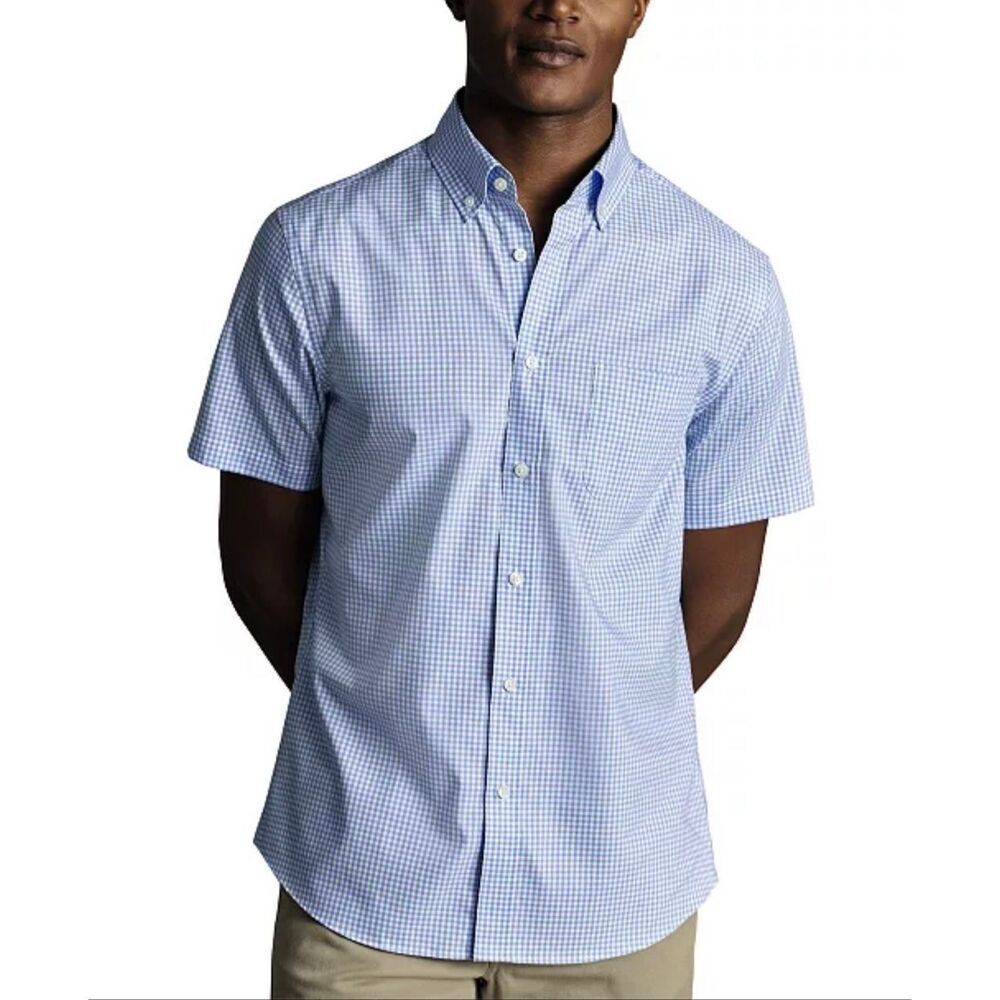 Charles Tyrwhitt Gingham Slim Fit Short Sleeve Wrinkle-Resistant Button-Down Shi